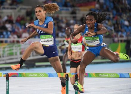 Aug 15, 2016; Rio de Janeiro, Brazil; Sydney McLaughlin (USA) competes in the women's 400m hurdles heat during track and field competition in the Rio 2016 Summer Olympic Games at Estadio Olimpico Joao Havelange. Mandatory Credit: Kirby Lee-USA TODAY Sports